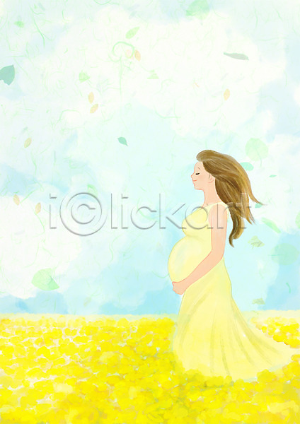 성인 여자 한명 PSD 일러스트 꽃잎 바람 상반신 서기 식물 웃음 임신 자연 초원(자연) 하늘
