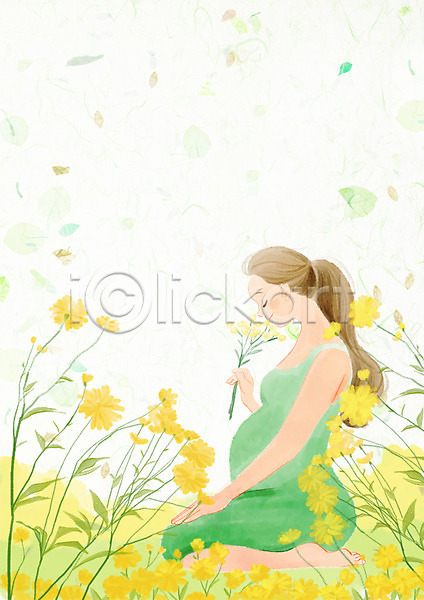 성인 여자 한명 PSD 일러스트 꽃 꽃잎 낙화 노란색 들기 들꽃 앉기 웃음 임산부 임신 전신