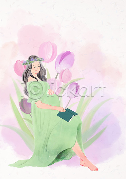 성인 여자 한명 PSD 일러스트 꽃 독서 식물 앉기 웃음 임산부 임신 잠 전신 책 화관