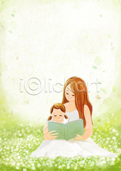 두명 성인 어린이 여자 PSD 일러스트 꽃밭 독서 동화책(책) 들기 딸 상반신 앉기 엄마 책 토끼풀