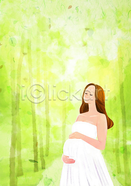 휴식 성인 여자 한명 PSD 일러스트 나무 상반신 서기 숲 웃음 임산부 임신
