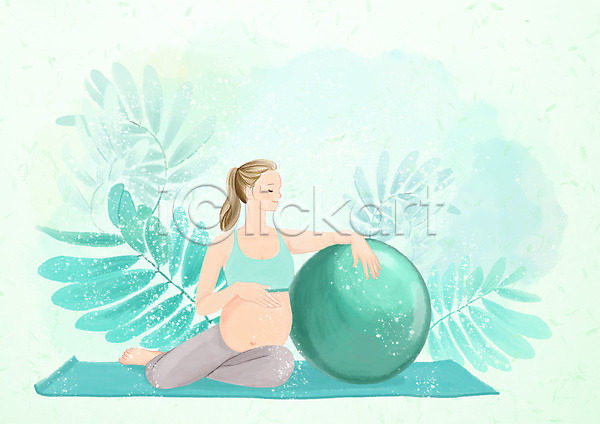 성인 여자 한명 PSD 일러스트 나뭇잎 식물 앉기 요가 운동 임산부 임신 전신 짐볼 청록색 태교
