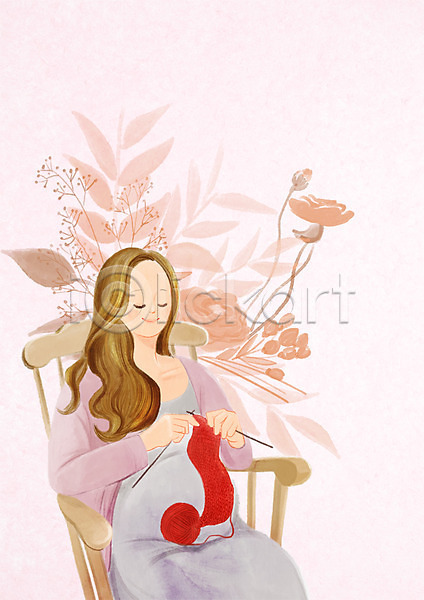 성인 여자 한명 PSD 일러스트 꽃 나뭇잎 뜨개질 상반신 식물 앉기 웃음 의자 임산부 임신 태교