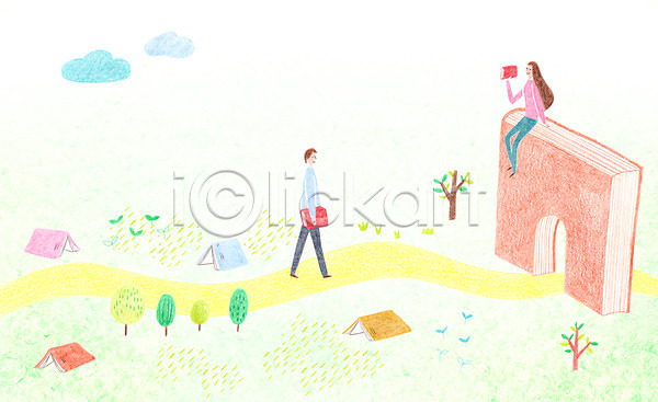 남자 두명 성인 여자 PSD 일러스트 구름(자연) 길 나무 독서 들기 새싹 서기 앉기 전신 책 초원(자연)
