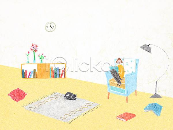 휴식 성인 여자 한명 PSD 일러스트 고양이 다화병 독서 방 소파 시계 앉기 전신 책 책장 카펫