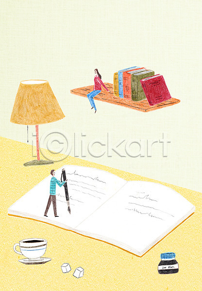 남자 두명 성인 여자 PSD 일러스트 각설탕(식품) 만년필 문자 서기 선반 스탠드 앉기 잉크 전신 책 책상 커피
