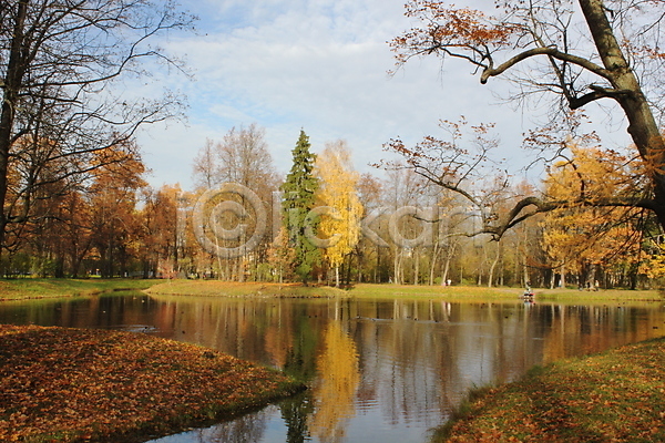 사람없음 JPG 포토 해외이미지 가을(계절) 공원 나무 물 반사 잎 해외202004