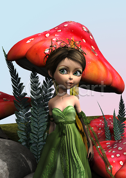 사람없음 어린이 여자 3D JPG 일러스트 포토 해외이미지 공상 나비 동화 드레스 디지털 마법 만들기 만화 버섯 삼림지대 숲 양치류 요정 잎 자연 초록색 캐릭터 클립아트 해외202004