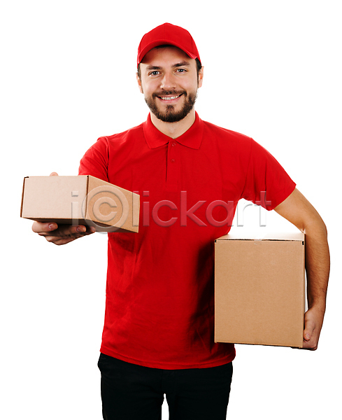 행복 남자 사람 한명 JPG 포토 해외이미지 고립 구매 노동자 미소(표정) 배달원 백그라운드 비즈니스 빨간색 상자 서비스 수염 유니폼 잡기 주기 직업 질서 캡모자 판지 패키지 해외202004 화물 흰색