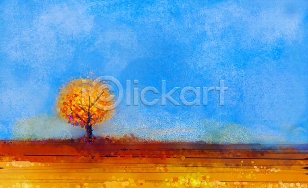 사람없음 JPG 포토 해외이미지 가을(계절) 그림 나무 손그림 유화 주황색 파란색 풍경(경치) 풍경화 하늘 해외202004