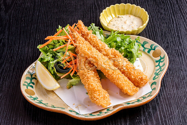사람없음 JPG 포토 당근 레몬 새우 새우요리 새우튀김 샐러드 소스(음식) 음식 일본음식 접시 종지