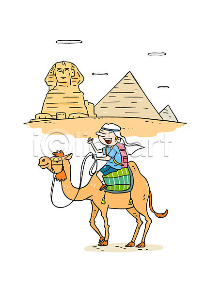남자 한명 AI(파일형식) 일러스트 낙타 사막 스핑크스 여행 이집트 피라미드