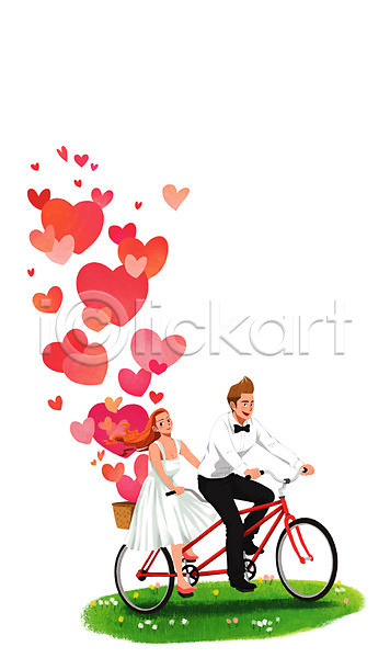 남자 두명 성인 여자 PSD 일러스트 2인용자전거 드레스 부부 승차 신랑 신부(웨딩) 신혼부부 자전거 전신 정장 초원(자연) 커플 커플자전거 하트