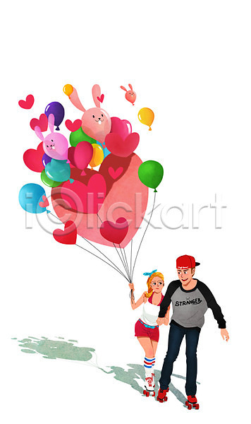 남자 두명 성인 여자 PSD 일러스트 들기 롤러블레이드 손잡기 웃음 전신 커플 토끼 풍선 하트 하트풍선