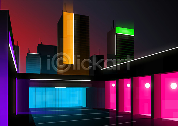사람없음 3D PSD 일러스트 건물 도시 도시풍경 보라색 분홍색 빌딩 야간 야경 연두색 주황색 파란색 풍경(경치)