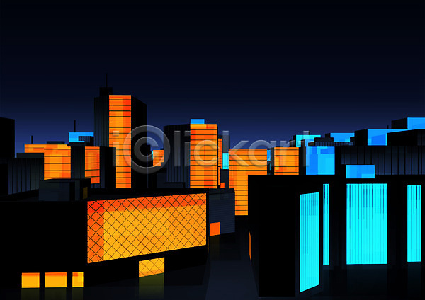 사람없음 3D PSD 일러스트 건물 도시 도시풍경 빌딩 빌딩숲 야간 야경 주황색 풍경(경치) 하늘색