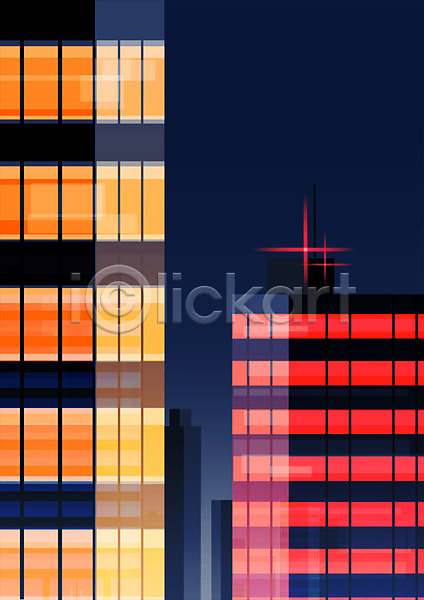 사람없음 PSD 일러스트 건물 노란색 도시 도시풍경 빌딩 빨간색 야간 야경 풍경(경치)
