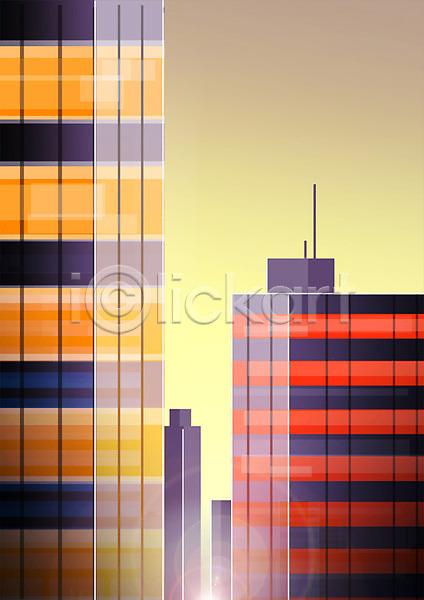 사람없음 PSD 일러스트 건물 노란색 도시 도시풍경 빌딩 빛 빨간색 아침 풍경(경치)