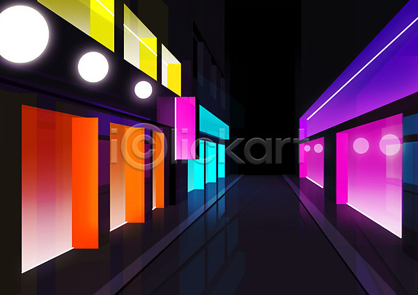 사람없음 3D PSD 일러스트 거리 건물 노란색 도시 도시풍경 보라색 분홍색 빌딩 상점 야간 야경 주황색 파란색 풍경(경치)