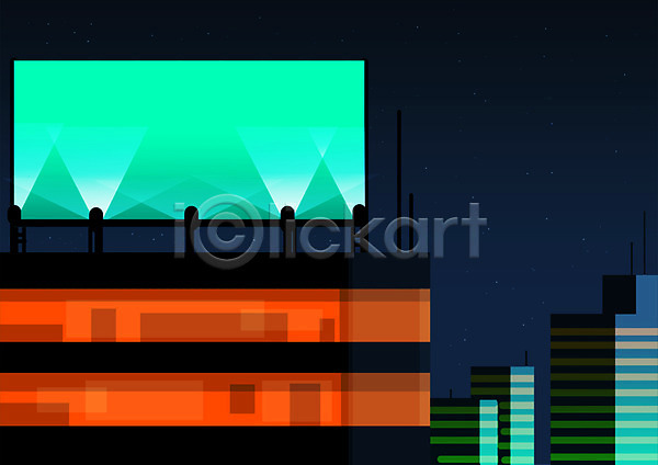 사람없음 PSD 일러스트 건물 광고판 도시 도시풍경 민트색 빌딩 야간 야경 주황색 풍경(경치) 프레임