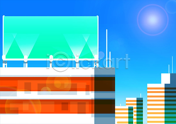 사람없음 PSD 일러스트 건물 광고판 도시 도시풍경 민트색 빌딩 빛 주간 주황색 풍경(경치) 프레임 햇빛