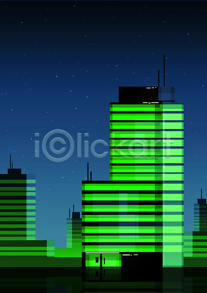 사람없음 PSD 일러스트 건물 도시 도시풍경 빌딩 야간 야경 초록색 풍경(경치) 형광색