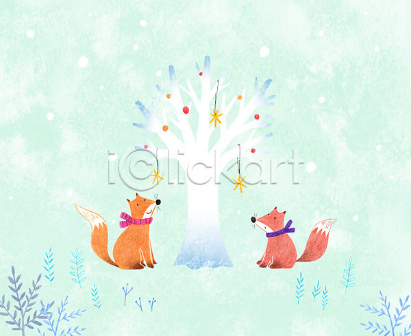사람없음 PSD 일러스트 겨울 겨울배경 나무 나뭇잎 눈(날씨) 동물 두마리 백그라운드 여우 장식