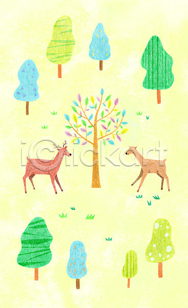 만남 사람없음 PSD 일러스트 나무 나뭇잎 동물 두마리 백그라운드 사슴 숲