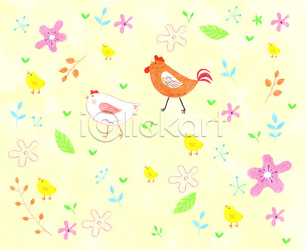 사람없음 PSD 일러스트 꽃 나뭇잎 닭 동물 백그라운드 병아리 여러마리 패턴