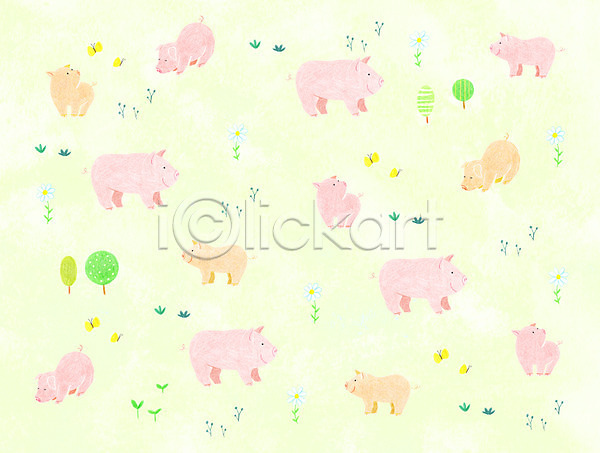 사람없음 PSD 일러스트 꽃 나무 나비 동물 돼지 백그라운드 여러마리 초원(자연) 패턴