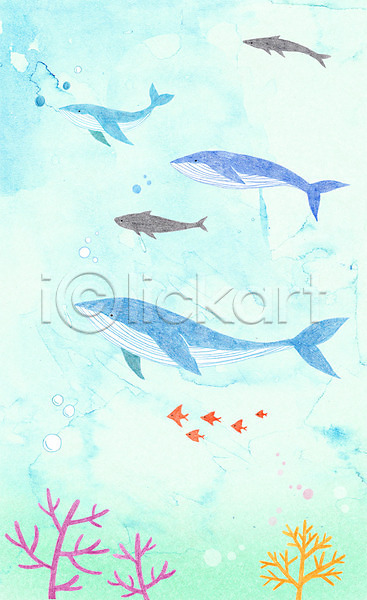 사람없음 PSD 일러스트 고래 동물 물방울 바다 백그라운드 산호 수중 어류 여러마리