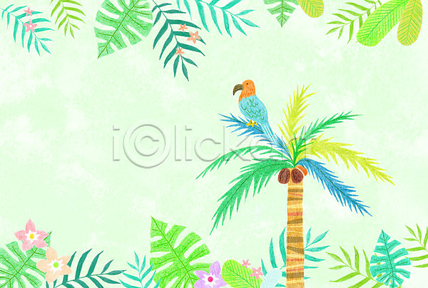 사람없음 PSD 일러스트 꽃 동물 백그라운드 숲 앵무새 야자수 여름(계절) 열대나무 한마리