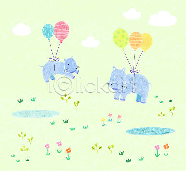 사람없음 PSD 일러스트 구름(자연) 꽃 나뭇잎 동물 두마리 백그라운드 웅덩이 풍선 하마