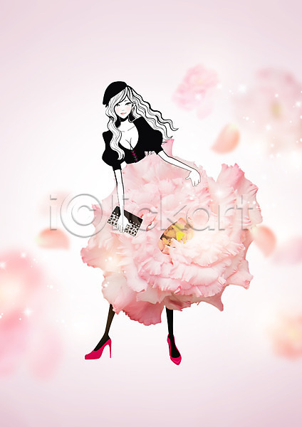 성인 여자 한명 PSD 편집이미지 꽃잎 드레스 분홍색 뷰티 서기 옷 옷걸이 전신 클러치 패션 편집 하이힐