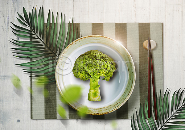 사람없음 PSD 편집이미지 나뭇잎 브로콜리 식재료 야자수잎 접시 젓가락 젓가락받침대 채소 테이블매트 편집
