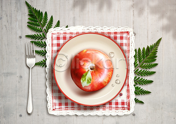 신선 사람없음 PSD 편집이미지 과일 나뭇잎 물방울 사과(과일) 접시 테이블매트 편집 포크