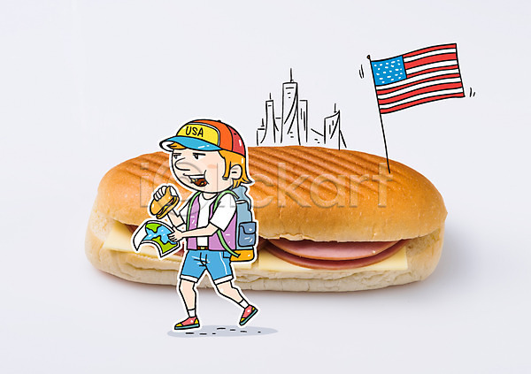 남자 한명 AI(파일형식) 편집이미지 포토일러 걷기 먹기 빵 샌드위치 성조기 여행 여행객 지도 해외여행
