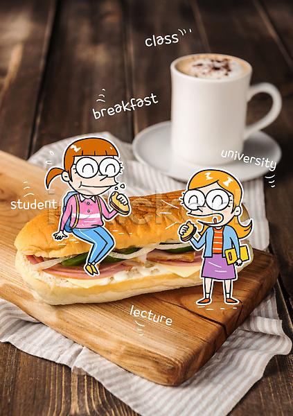 두명 여자 AI(파일형식) 편집이미지 포토일러 등교 머그컵 먹기 샌드위치 아침 아침식사 여학생 커피 학생