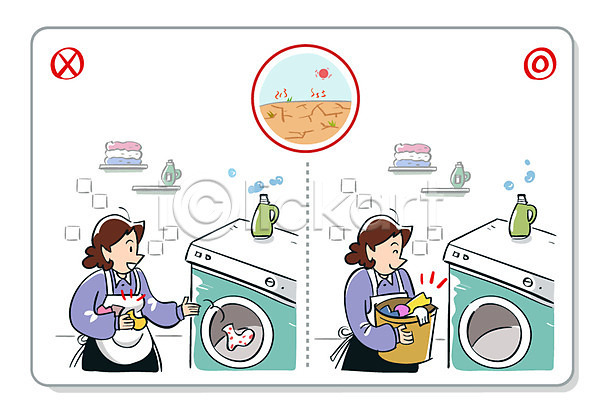 절약 두명 성인 여자 AI(파일형식) 일러스트 가뭄 물 빨래 빨래비누 상반신 세탁기 웃음 자연재해