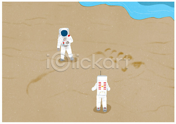 남자 두명 성인 PSD 일러스트 모래사장 바다 발자국 서기 소인국 우주복 우주비행사 전신 포스터
