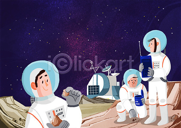 남자 성인 세명 여자 PSD 일러스트 과학자 관찰 별 상반신 서기 수집 앉기 우주 우주복 우주비행사 우주탐사 응시 전신 탐사 탐사선
