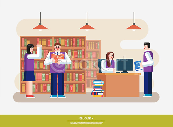 남자 여러명 여자 청소년 AI(파일형식) 일러스트 교복 교육 도서관 독서 서기 앉기 인포그래픽 전신 책 책장 컴퓨터 학생