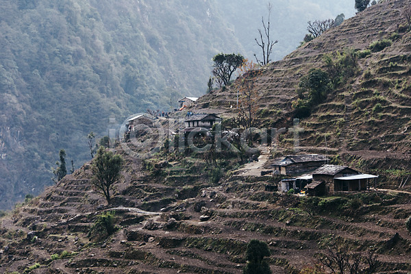 사람없음 JPG 포토 나무 네팔 안나푸르나 야외 자연 주간 주택 풍경(경치) 해외풍경