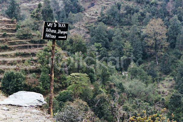 사람없음 JPG 포토 나무 네팔 안나푸르나 야외 자연 주간 표지판 풍경(경치) 해외풍경