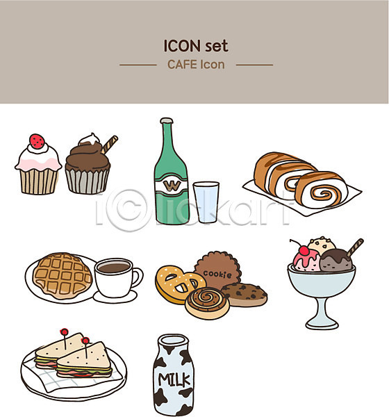 사람없음 AI(파일형식) 라인아이콘 아이콘 디저트 롤케이크 샌드위치 아이스크림 와플 우유 카페 컵케이크 쿠키