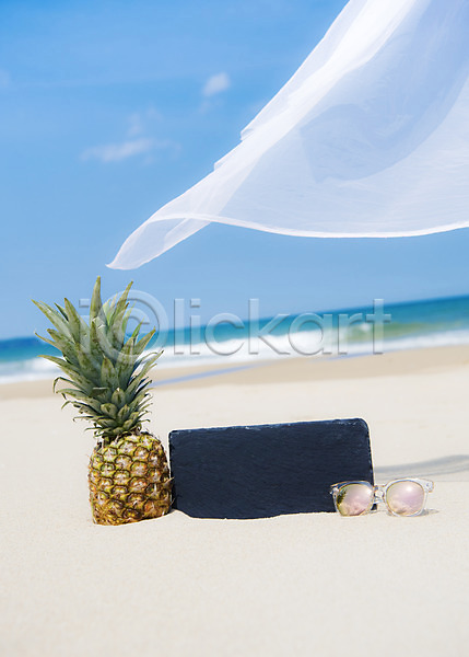 휴식 사람없음 JPG 아웃포커스 포토 돌 모래 모래사장 바다 선글라스 야외 여름(계절) 여름풍경 주간 천(직물) 파인애플 풍경(경치) 휴가