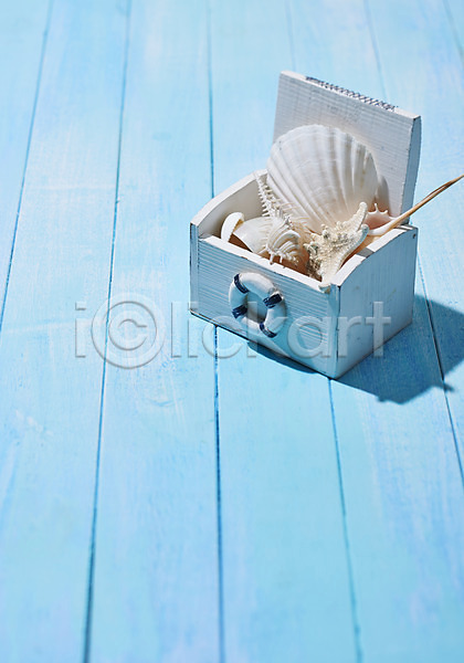 사람없음 JPG 포토 나무배경 나무상자 나뭇결 목재 바캉스 스튜디오촬영 실내 여름(계절) 여름휴가 조개 조개껍데기 하늘색 흰색