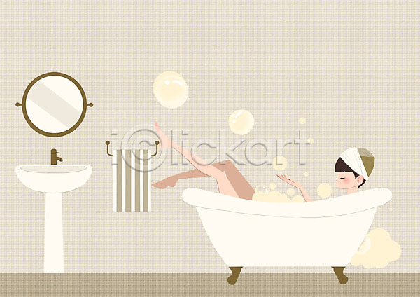 즐거움 성인 여자 한명 PSD 일러스트 거울 거품목욕 라이프스타일 목욕 샤워기 세면대 수건 욕실 욕조 전신