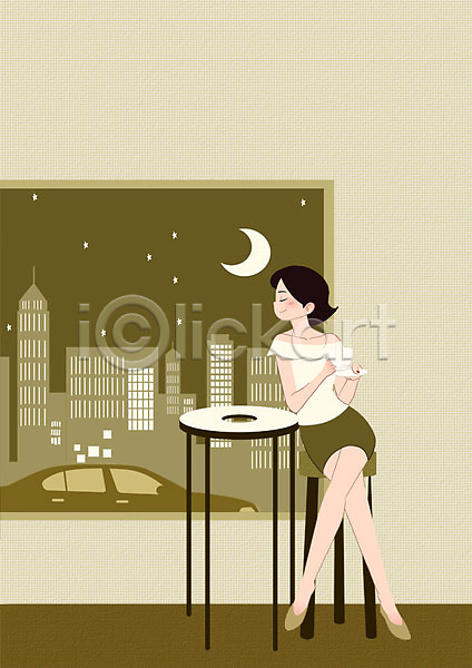 즐거움 성인 여자 한명 PSD 일러스트 건물 달 라이프스타일 앉기 야경 전신 카페 커피 탁자