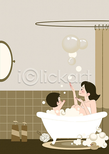 즐거움 남자 두명 성인 어린이 여자 PSD 일러스트 거품 거품목욕 라이프스타일 모자(엄마와아들) 목욕 물방울 상반신 아들 엄마 오리 욕실 욕조